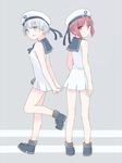  arms_behind_back bare_shoulders blue_eyes clothes_writing from_behind full_body hat highres kantai_collection leg_up looking_back multiple_girls open_mouth red_eyes red_hair sailor_collar sailor_hat seedflare shirt short_hair silver_hair sleeveless sleeveless_shirt standing white_hat z1_leberecht_maass_(kantai_collection) z3_max_schultz_(kantai_collection) 