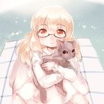  animal black_cat blonde_hair cat dress glasses holding holding_animal long_hair long_sleeves looking_at_viewer okayu_(headless) open_mouth orange_eyes perrine_h_clostermann puffy_long_sleeves puffy_sleeves red-framed_eyewear semi-rimless_eyewear solo strike_witches under-rim_eyewear white_dress world_witches_series 