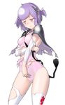  1girl arm_warmers breasts caladrius cape cecilia_nel_albright leotard official_art pink_eyes pink_leotard purple_hair short_hair simple_background skin_tight small_breasts solo strap_cleavage thighhighs thighs torn_cape torn_clothes torn_leotard torn_thighhighs yasuda_suzuhito 