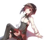  bike_shorts breasts brown_eyes brown_hair covered_nipples headband headgear kantai_collection leaning_back long_sleeves looking_up pleated_skirt reclining short_hair simple_background sitting skirt small_breasts solo taihou_(kantai_collection) thighhighs veilrain white_background 