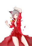  1girl breasts caladrius center_opening cleavage dress grey_hair milia_marivene official_art red_dress red_eyes ribbon simple_background solo torn_clothes torn_dress torn_skirt yasuda_suzuhito 