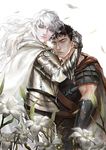  armor aruolrn berserk black_hair blue_eyes brown_eyes cape flower griffith guts hug jitome lily_(flower) long_hair male_focus multiple_boys white_background white_hair 