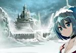  aqua_shirt bare_shoulders blue_eyes blurry body_mahattaya_ginga breasts castle cleavage commentary_request depth_of_field frozen frozen_(disney) hair_between_eyes kantai_collection light_brown_hair looking_at_viewer maya_(kantai_collection) medium_breasts self_shot shirt short_hair sleeveless sleeveless_shirt snow snowing solo sweatdrop 