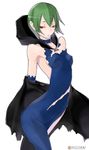  1girl arm_warmers bare_shoulders black_cape blue_dress breasts caladrius cape choker dress eleanor_riegl green_hair hood official_art red_eyes simple_background small_breasts solo thighghighs thighhighs torn_clothes torn_dress yasuda_suzuhito 