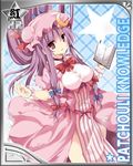  adapted_costume book border breasts card_(medium) character_name crescent dress hair_ornament hat hat_ribbon long_hair maturiuta_sorato medium_breasts open_book open_mouth patchouli_knowledge purple_eyes purple_hair ribbon solo striped striped_dress touhou wrist_cuffs 
