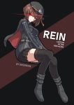  1girl absurdres asymmetrical_hair beret black_legwear bob_cut boots brown_hair cape english_text glowing glowing_eyes hat highres invisible_chair original pleated_skirt red_eyes sherman_(egnk2525) sitting skirt solo thighhighs zettai_ryouiki 
