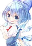  blue_eyes blue_hair blush bow cirno face fang food hair_ornament hair_ribbon ice ice_wings masaharu_(nuaa) melting open_mouth popsicle puffy_sleeves ribbon short_hair short_sleeves simple_background smile solo touhou upper_body vest white_background wings 