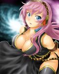  bare_shoulders black_legwear black_skirt blue_eyes blush boots breasts cleavage commentary_request headphones headset large_breasts long_hair long_skirt looking_at_viewer megurine_luka onsoku_maru pink_hair side_slit skirt solo thighhighs vocaloid 
