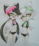  2girls :d :o aori_(splatoon) bad_id bad_pixiv_id bikini black_hair breasts cleavage covered_nipples fangs food food_on_head gloves hair_rings hotaru_(splatoon) large_breasts long_hair mole mole_under_eye multiple_girls navel object_on_head open_mouth short_hair shu_(loveeater) smile splatoon_(series) splatoon_1 sushi swimsuit tentacle_hair traditional_media white_gloves white_hair yellow_eyes 