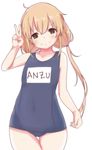  1girl blonde_hair brown_eyes character_name child futaba_anzu hard_translated idolmaster idolmaster_cinderella_girls loli long_hair looking_at_viewer name_tag one-piece_swimsuit ryuu. school_swimsuit simple_background smile solo swimsuit translated twintails v white_background 