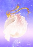  absurdres bead_bracelet beads bishoujo_senshi_sailor_moon blonde_hair bracelet double_bun dress facial_mark flower forehead_mark hair_ornament highres jewelry kisaragi_yuki_emilio long_dress long_hair moon princess_serenity rose signature sky sleeping solo star_(sky) starry_sky tsukino_usagi very_long_hair white_dress 