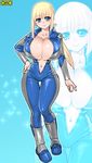  1girl blonde_hair blue_eyes bodysuit breasts cleavage elysion_my gradient gradient_background huge_breasts no_bra omc patricia_carrington solo zoom_layer 