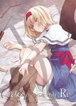  alice_margatroid blonde_hair blue_dress boots capelet cross-laced_footwear crote doll_joints dress green_eyes hairband lace-up_boots light_particles lying on_side parted_lips ribbon sash short_hair short_sleeves solo text_focus touhou untied white_capelet 