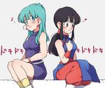  belt black_hair blue_eyes blue_hair blush boots breasts bulma chi-chi_(dragon_ball) china_dress chinese_clothes dragon_ball dragon_ball_(classic) dragon_ball_z dress earrings eighth_note heart jewelry long_hair medium_breasts multiple_girls musical_note ponytail short_dress smile tkgsize 