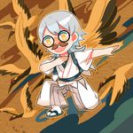  funny_glasses getiao glasses japanese_clothes lowres male_focus one_knee open_mouth red-crowned_crane silver_hair solo sparkle touken_ranbu tsurumaru_kuninaga yellow_eyes 