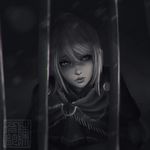  anastacia_of_astora cape dark_souls greyscale hair_between_eyes in_cage koyorin lips long_hair looking_to_the_side monochrome ponytail prison prisoner sitting solo souls_(from_software) 