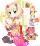  1girl animal bangs black_legwear blonde_hair blue_eyes blush boar bow brown_kimono bunny chinese_zodiac chopsticks closed_mouth commentary_request eyebrows_visible_through_hair flat_chest flower furisode gochuumon_wa_usagi_desu_ka? gradient hagoita hair_bow hair_flower hair_ornament highres himarisu_(hida_mari) holding holding_bow holding_chopsticks japanese_clothes kanzashi kimono kirima_sharo leaf long_sleeves looking_at_viewer mochi new_year obi paddle pink_bow pink_flower purple_flower purple_rose rose sash scar scar_across_eye seiza shide short_hair short_kimono short_ponytail signature sitting smile solo tassel thighhighs white_background white_flower wide_sleeves year_of_the_pig 