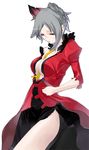  1girl breasts caladrius center_opening cleavage dress grey_hair milia_marivene necktie_between_breasts official_art open_clothes red_dress red_eyes ribbon simple_background solo thighs torn_clothes torn_skirt yasuda_suzuhito 