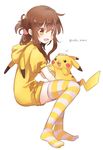  :d alternate_costume brown_eyes brown_hair cosplay folded_ponytail full_body gen_1_pokemon inazuma_(kantai_collection) kantai_collection long_hair motohara_moka no_shoes open_mouth petting pikachu pikachu_(cosplay) pokemon pokemon_(creature) ponytail short_sleeves simple_background smile striped striped_legwear twitter_username white_background yellow yellow_legwear 