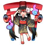  black_hair fox_mask getiao hatsune_miku japanese_clothes kimono long_hair looking_at_viewer mask musunde_hiraite_rasetsu_to_mukuro_(vocaloid) open_mouth red_eyes sandals solo torii transparent_background twintails very_long_hair vocaloid 