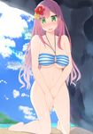  barefoot bikini blush bottomless breasts cleavage collarbone covering covering_crotch day embarrassed flower green_eyes hair_flower hair_ornament hibiscus highres kneeling large_breasts long_hair navel ocean pink_hair sky solo striped striped_bikini swimsuit symfo underboob water wet 