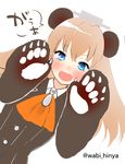  :d animal_ears ascot bad_id bad_twitter_id bear_ears bear_paws blue_eyes blush brown_hair fangs hair_ornament highres hinya_(wabi) kantai_collection kumano_(kantai_collection) long_hair open_mouth paws pun school_uniform smile solo v-shaped_eyebrows 