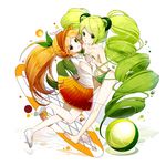  bad_id bad_pixiv_id ball barefoot beachball bikini breasts cheerleader cleavage cookie_run drill_hair green_bikini green_eyes green_hair highres holding_hands lepoule lime_cookie long_hair looking_at_viewer multiple_girls orange_cookie orange_eyes orange_hair orange_skirt personification skirt sleeveless small_breasts smile swimsuit twin_drills very_long_hair 