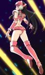  android armor ass black_hair blue_eyes boots detached_sleeves female gradient gradient_background helmet long_hair looking_back panties plawres_sanshirou sakurahime solo striped_background thigh_boots underwear 