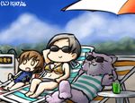  animalization beach_umbrella bikini cable cat charging chitose_(kantai_collection) commentary_request crossed_legs drink drinking_straw electricity empty_eyes hamu_koutarou inazuma_(kantai_collection) kantai_collection lying multiple_girls on_back recliner smile sunbathing sunglasses swimsuit tama_(kantai_collection) translated umbrella 