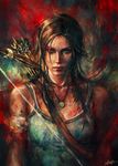  bow bow_(weapon) brown_eyes brown_hair gradient gradient_background lara_croft long_hair looking_at_viewer portrait realistic solo tomb_raider weapon 