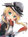  anchor_hair_ornament blonde_hair blush corndog eating food gloves green_eyes hair_ornament hat kakao_rantan kantai_collection looking_at_viewer low_twintails military military_hat military_uniform peaked_cap prinz_eugen_(kantai_collection) sausage simple_background solo twintails uniform white_background white_gloves 