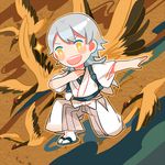  getiao japanese_clothes lowres male_focus one_knee open_mouth red-crowned_crane silver_hair solo sparkle touken_ranbu tsurumaru_kuninaga yellow_eyes 