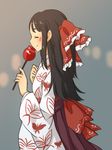  alternate_costume apple black_hair blush bow candy_apple chii-kun_(seedyoulater) closed_eyes food from_side fruit hair_bow hair_ribbon hakurei_reimu japanese_clothes kimono long_hair obi red_ribbon ribbon sash smile solo touhou 