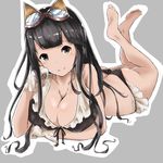  animal_ears ass bikini black_bikini black_eyes black_hair breasts cleavage front-tie_top gloves goggles goggles_on_head granblue_fantasy highres jessica_(granblue_fantasy) large_breasts long_hair looking_at_viewer lying minikon on_stomach smile solo swimsuit white_gloves 