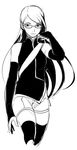  alternate_hair_length alternate_hairstyle bad_id bad_pixiv_id detached_sleeves glasses greyscale highres long_hair looking_at_viewer monochrome naruto naruto_(series) noeunjung93 older shorts solo thighhighs uchiha_sarada 