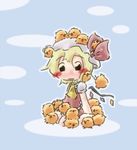 animal animal_on_head animal_on_lap animal_on_shoulder barefoot bird bird_on_head blonde_hair blue_background blush chibi chick commentary cravat flandre_scarlet hat hat_ribbon mob_cap no_nose on_head puffy_short_sleeves puffy_sleeves ribbon short_hair short_sleeves sitting solo suo_(suoscoffee) too_many too_many_chicks touhou wings 