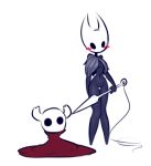  ambiguous_gender arthropod blush bottomless breasts clothed clothes_swap clothing duo female hollow_knight hornet hornet_(hollow_knight) hymenopteran insect melee_weapon nekuzx protagonist_(hollow_knight) pussy simple_background under_boob wasp weapon white_background 