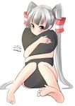  alternate_hairstyle amatsukaze_(kantai_collection) bad_feet bad_id bad_pixiv_id barefoot blush brown_eyes commentary_request kantai_collection long_hair looking_at_viewer nekobaka nude pillow pillow_hug silver_hair simple_background sitting solo twintails white_background 