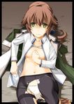  bad_id bad_pixiv_id bra bra_lift brown_hair cum cum_on_body cum_on_upper_body eiyuu_densetsu green_eyes long_hair open_clothes open_shirt panties pantyhose school_uniform sen_no_kiseki shikei shirt skirt skirt_around_one_leg solo torn_clothes torn_legwear towa_herschel underwear 