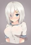  blue_eyes blush breast_hold breasts covered_nipples hair_ornament hair_over_one_eye hairclip hamakaze_(kantai_collection) highres kantai_collection kuavera large_breasts short_hair silver_hair solo_focus 