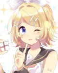  1girl :3 blonde_hair blue_eyes blush hair_ribbon highres kagamine_rin looking_at_viewer one_eye_closed ribbon short_hair short_sleeves smile upper_body vocaloid white_ribbon yellow_ribbon yuri_(miiiiikun0515) 