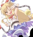  ;d blonde_hair bow chain hair_bow horn_ribbon horns ibuki_suika long_hair natsu_no_koucha one_eye_closed open_mouth ribbon shirt skirt sleeveless smile solo sphere tied_hair touhou v_over_eye yellow_eyes 