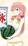  akashi_(kantai_collection) bandana bikini blush breasts commentary_request food fruit green_eyes hair_ribbon kantai_collection kooribata large_breasts long_hair looking_at_viewer partial_commentary pink_hair ribbon smile solo sui_(tsuruhibiki) swimsuit tress_ribbon watermelon 