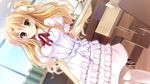  blonde_hair blush cup dress dutch_angle ecchi_de_hentai!_yakimochi_ojou-sama!! game_cg goma_satoshi highres kurusugawa_alice long_hair looking_at_viewer ribbon smile solo teacup tray waitress wavy_hair white_dress white_legwear 