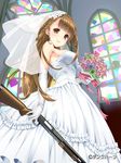  bare_shoulders bouquet brown_eyes brown_hair dress flower gloves gown gun long_hair mossberg_500 mossberg_500_(weapon_girls) shotgun smile solo uz3d veil weapon weapon_girls wedding_dress window 