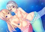  aotsu_karin bad_id bad_pixiv_id blonde_hair blush bracelet breast_press breasts cousins holding_hands jewelry long_hair medium_breasts mermaid_costume multiple_girls nakiri_alice nakiri_erina navel necklace nipples nude orange_eyes pearl_necklace pink_eyes shokugeki_no_souma short_hair silver_hair smile symmetrical_docking topless 