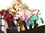  2girls bare_shoulders blush boots breasts brown_hair detached_sleeves dress elle_mel_martha eyes_closed frills hair_ornament jacket kiss long_hair milla_(tales_of_xillia_2) multiple_girls open_mouth red_eyes ribbon shoes shorts simple_background skirt tales_of_(series) tales_of_xillia_2 twintails 