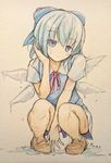  bad_id bad_pixiv_id between_legs blue_eyes blue_hair blush bow cirno graphite_(medium) hair_bow ice ice_wings looking_at_viewer maremay0513 melting shoes solo squatting touhou traditional_media watercolor_(medium) wet wings 