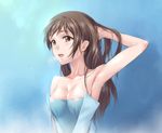  armpits breasts brown_eyes brown_hair idolmaster idolmaster_cinderella_girls long_hair medium_breasts nitta_minami open_mouth smile solo zundarepon 