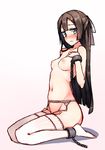 90i blue_eyes blush breasts brown_hair cuffs garter_belt long_hair looking_at_viewer nipples original shackles simple_background small_breasts solo thighhighs white_background white_legwear 